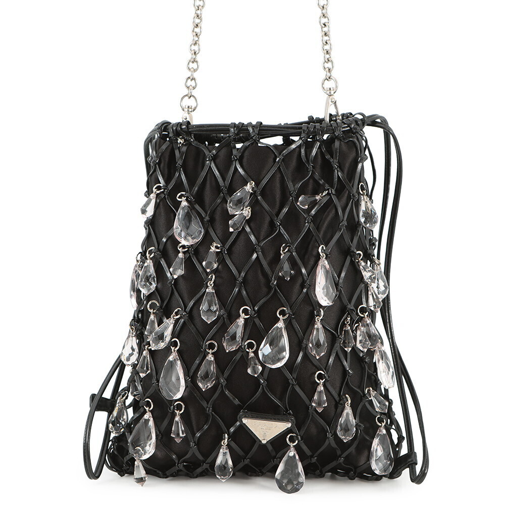 Prada Chain Shoulder Bag Bejeweled Drawstring Satin Black - Picture 1 of 12